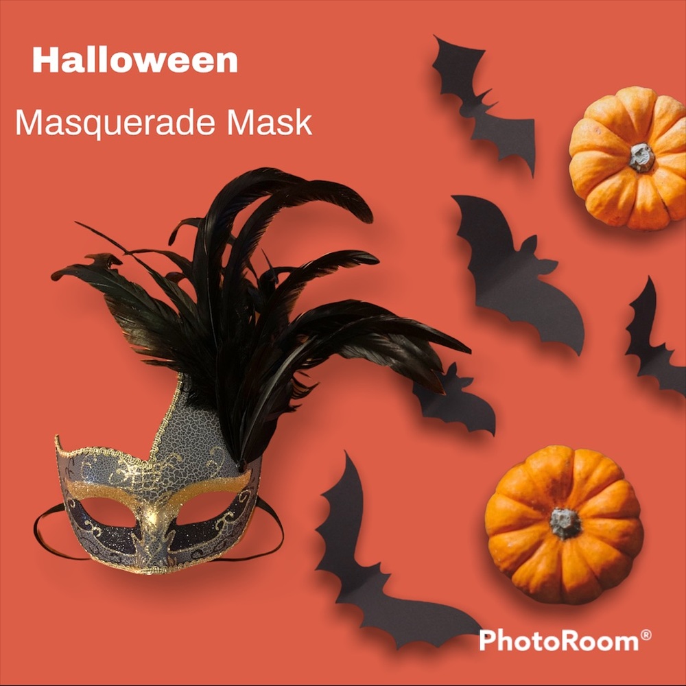 Masquerade Mask (Black,Gold,Silver) with Black Feathers